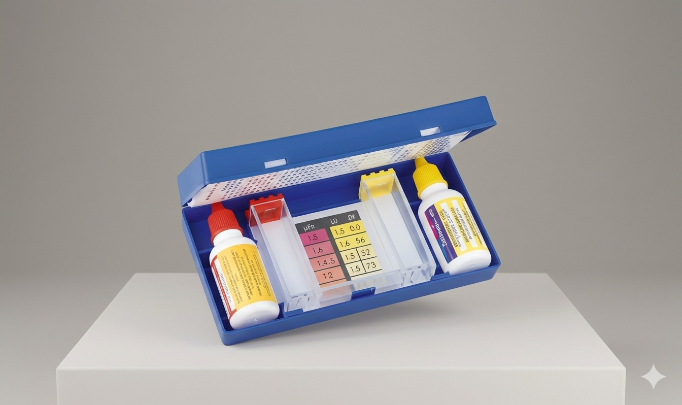 Kit de test analyse eau piscine chlore et pH avec réactifs et comparateur de couleurs